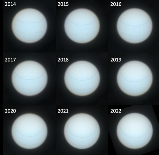 Uranus (2015 bis 2022): Der Nordpol (blass-grün) schwingt nach unten in Richtung Sonne und Erde. Äquator- und die Breitengradlinien wurden bei 35N und 35S nachträglich markiert (credit: P. Irwin).